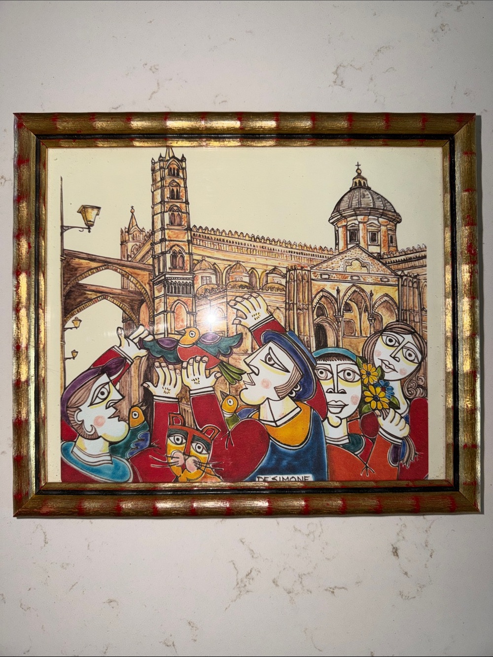 MCM Ceramiche De Simone framed artwork depiction of the Palermo Cathedral signed